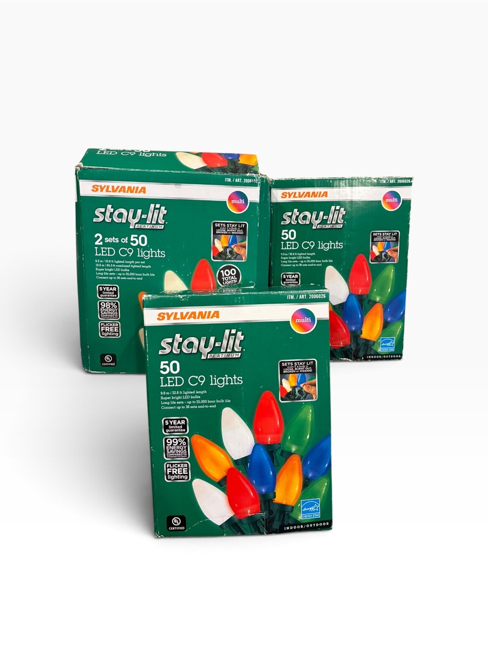 4 Strands Sylvania StayLit Platinum 50 LED C9 Multi-Color Holiday String Lights